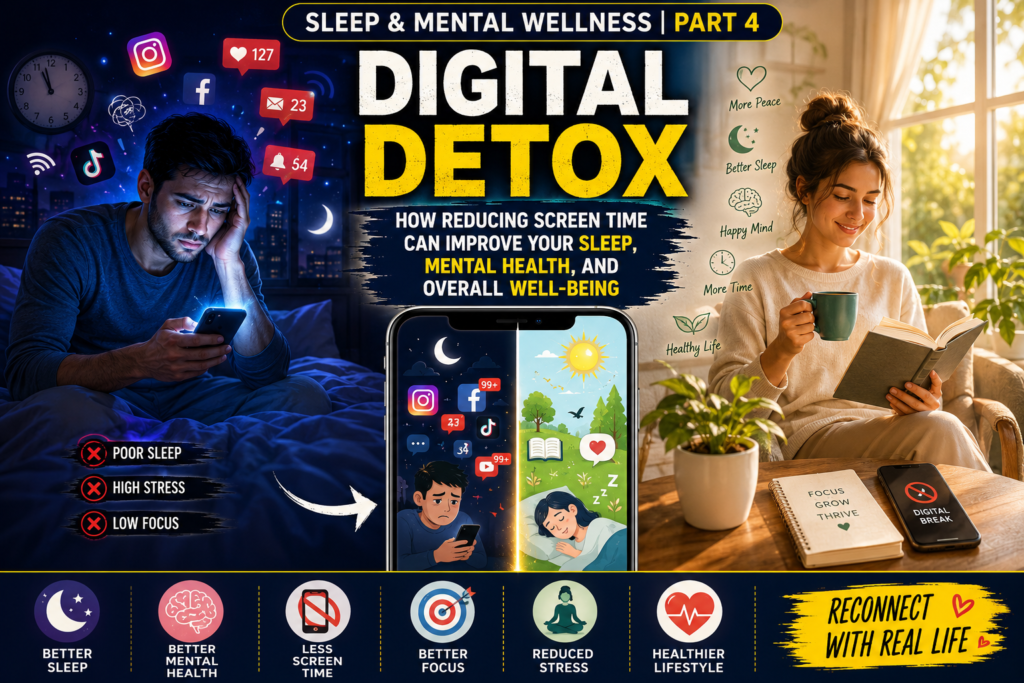 A Pinterest-style infographic for the Sleep & Mental Wellness | Part 4 series titled "Digital Detox: How Reducing Screen Time Can Improve Your Sleep, Mental Health, and Overall Well-Being." The image contrasts a stressed man using a smartphone late at night with a relaxed woman reading a book in natural daylight. It highlights the benefits of a digital detox, including better sleep, improved mental health, reduced stress, better focus, less screen time, and a healthier lifestyle.