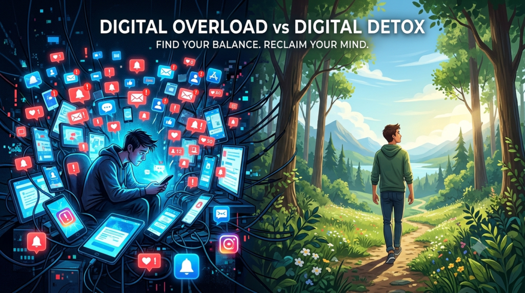 A side-by-side comparison infographic titled "Digital Overload vs Digital Detox" showing a person overwhelmed by smartphones, notifications, and digital distractions on one side, while the other side depicts the same person walking peacefully through nature. The visual highlights the contrast between excessive screen time and a balanced, mindful digital lifestyle.