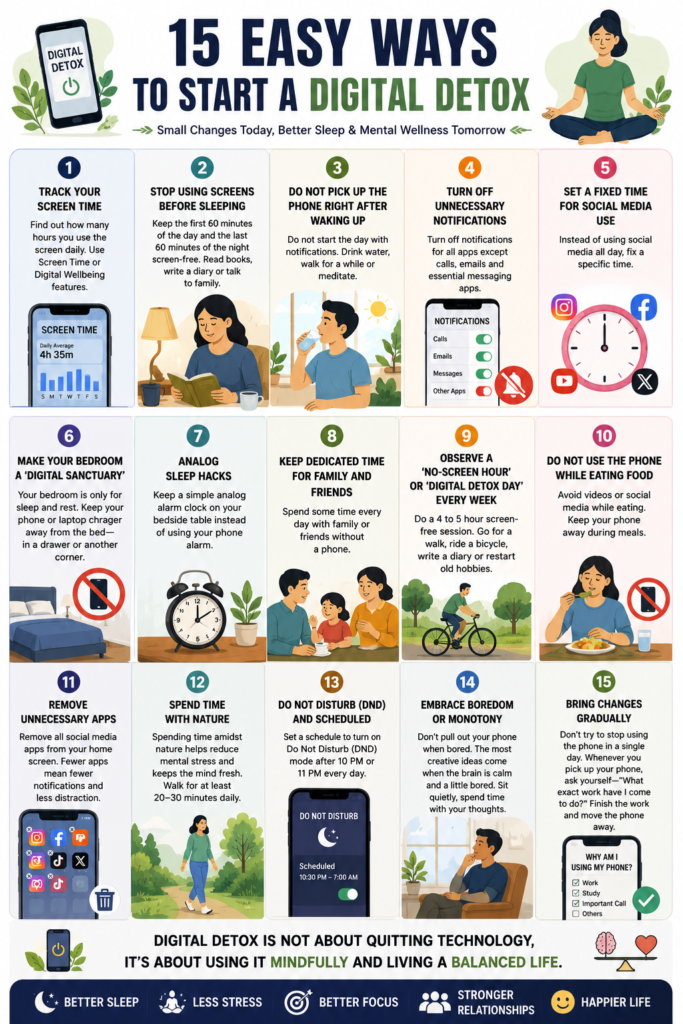 Pinterest-style infographic illustrating how excessive screen time affects sleep, mental health, and physical well-being. The infographic highlights five key effects: poor sleep, increased stress, anxiety, reduced focus, and mental burnout, using clear icons and male and female illustrations.