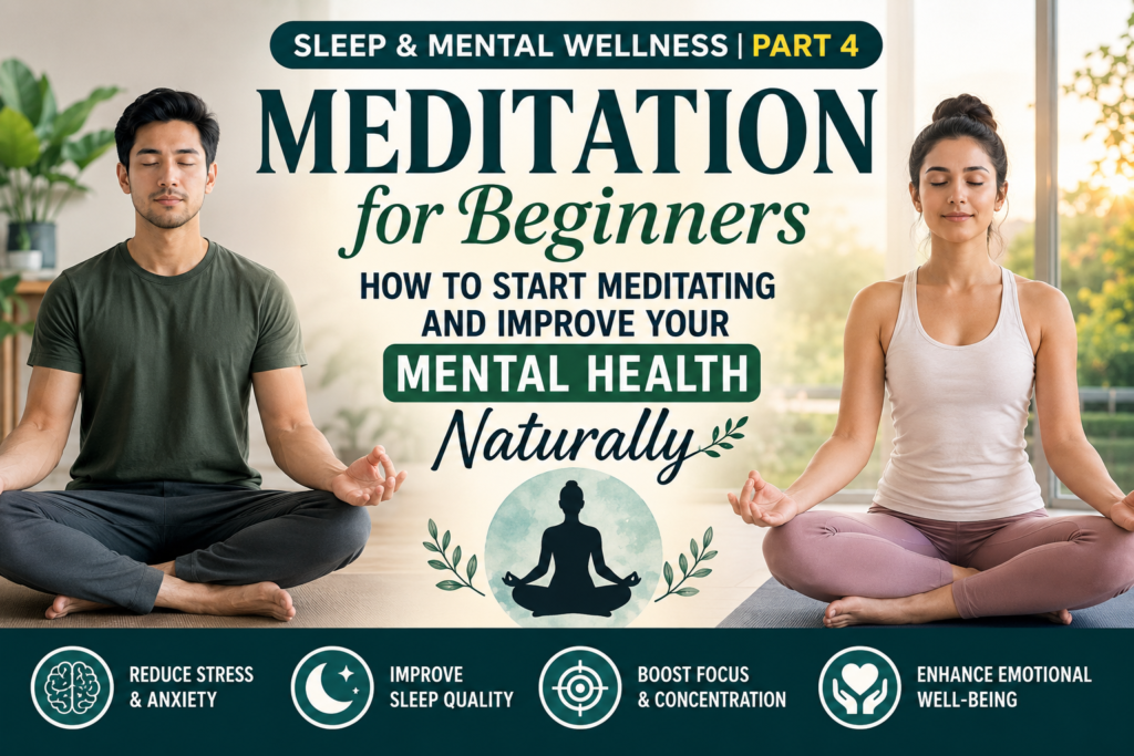 Meditation for Beginners infographic featuring a man and a woman meditating in a peaceful indoor setting. The image highlights how beginners can start meditating naturally to improve mental health, reduce stress and anxiety, improve sleep quality, boost focus and concentration, and enhance emotional well-being as part of the Sleep & Mental Wellness series.