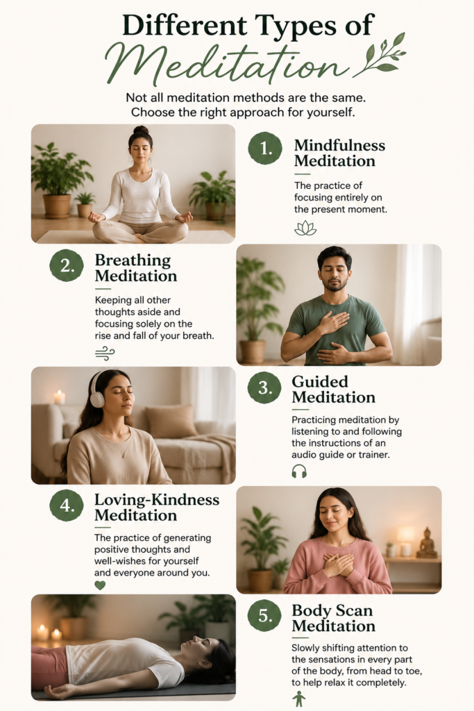 Pinterest-style infographic titled "Different Types of Meditation" featuring five beginner-friendly meditation techniques with both male and female illustrations. The infographic explains Mindfulness Meditation, Breathing Meditation, Guided Meditation, Loving-Kindness Meditation, and Body Scan Meditation using simple descriptions and calming green, beige, and white colors for a clean wellness-inspired design.