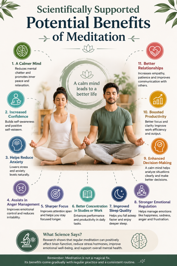 Pinterest-style infographic titled "Scientifically Supported Potential Benefits of Meditation" showing a calm man and woman meditating together. The infographic highlights science-backed potential benefits of regular meditation, including a calmer mind, increased confidence, reduced anxiety, improved anger management, sharper focus, better concentration, improved sleep quality, stronger emotional regulation, enhanced decision-making, increased productivity, and healthier relationships. The design features soothing green and beige colors with clean icons and a modern wellness layout.