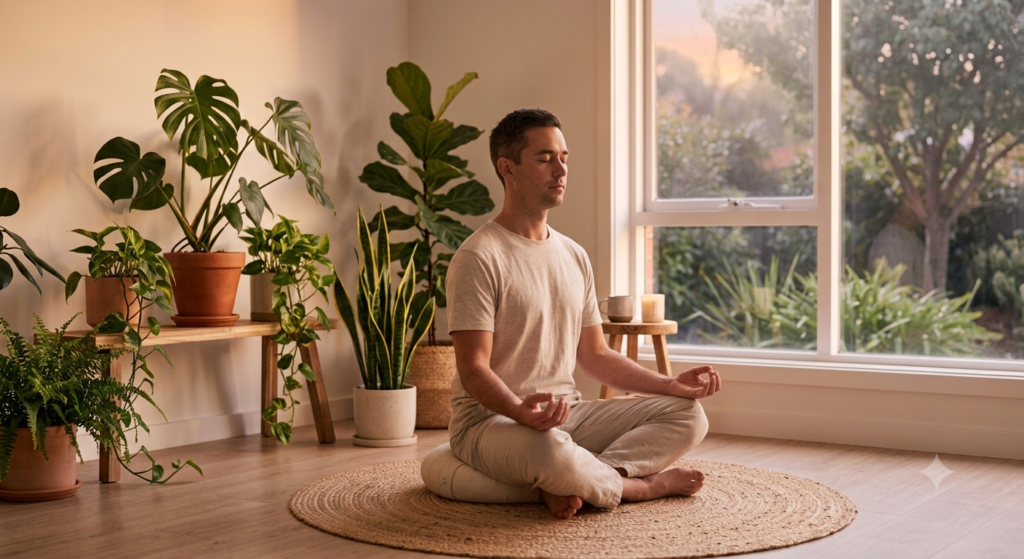 A man meditating in a cross-legged position on a round woven mat inside a bright, minimalist room filled with lush indoor plants during a warm early morning sunrise.