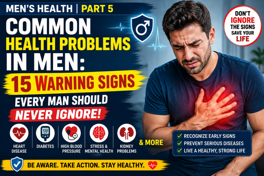 Men's Health Part 5 infographic showing 15 warning signs every man should never ignore, featuring chest pain, heart disease, diabetes, high blood pressure, stress, mental health, kidney problems, and the importance of early detection for a healthier life.