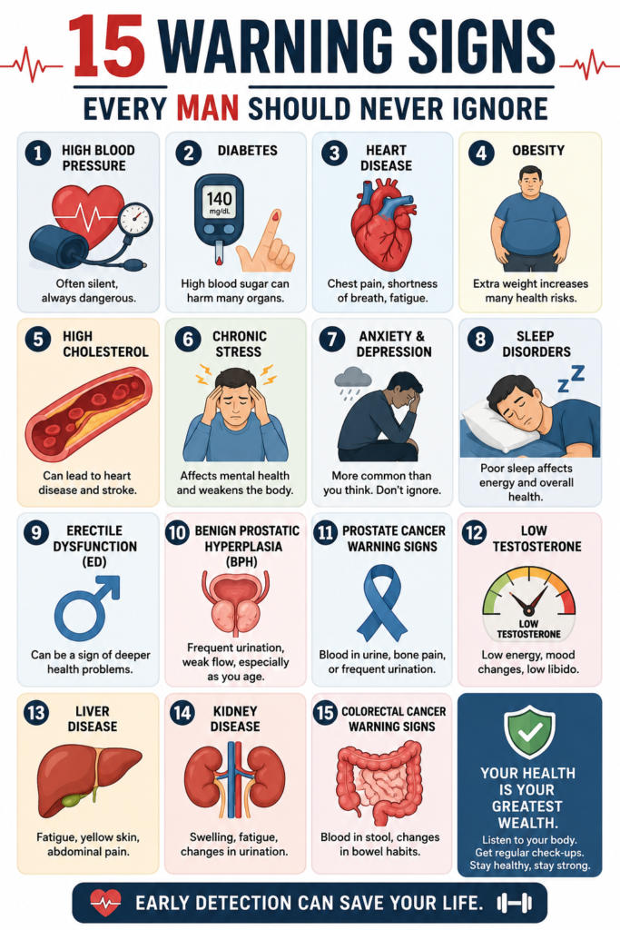 Infographic highlighting 15 warning signs every man should never ignore, including high blood pressure, diabetes, heart disease, obesity, chronic stress, anxiety, sleep disorders, erectile dysfunction, prostate problems, low testosterone, liver disease, kidney disease, and colorectal cancer, with a reminder that early detection can save lives.