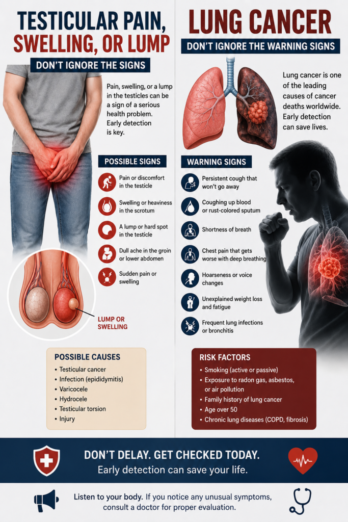 Medical infographic highlighting testicular pain, swelling, or lumps and lung cancer warning signs, explaining common symptoms, possible causes, risk factors, and the importance of early detection and timely medical evaluation.