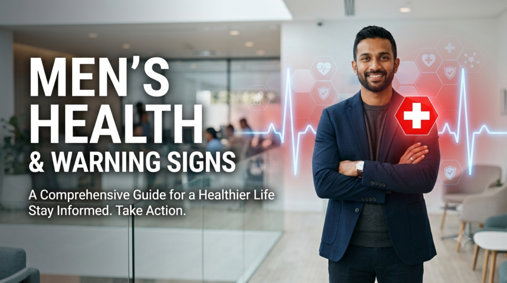 Modern men's health awareness banner featuring a smiling man in a professional outfit with medical icons, a heartbeat line, and the title "Men's Health & Warning Signs," highlighting the importance of early detection, preventive care, and healthy living.