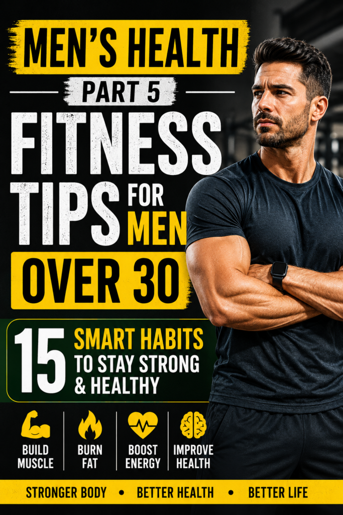 Men's Health Part 5 fitness poster featuring a fit man in a gym with the title "Fitness Tips for Men Over 30." The thumbnail highlights 15 smart habits to stay strong and healthy, including building muscle, burning fat, boosting energy, and improving overall health.