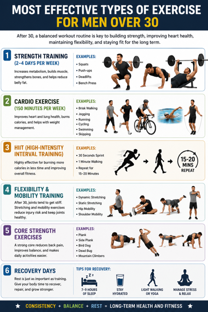 Infographic showing the most effective types of exercise for men over 30, including strength training, cardio, HIIT, flexibility and mobility exercises, core workouts, and recovery tips for long-term fitness and better health.