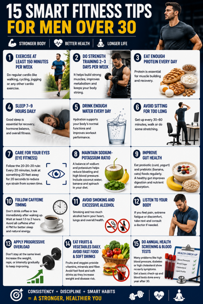 Infographic titled "15 Smart Fitness Tips for Men Over 30" featuring essential fitness and lifestyle habits, including exercise, strength training, protein intake, quality sleep, hydration, eye care, gut health, healthy eating, avoiding smoking, progressive overload, and annual health screenings for better long-term health.