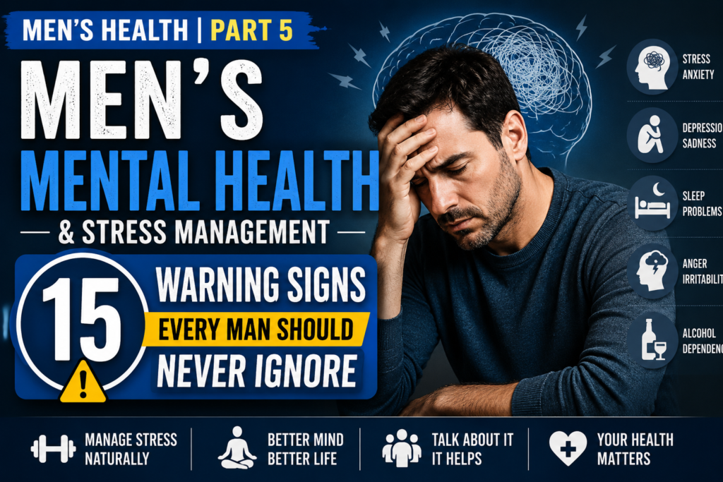 Infographic showing 8 simple and effective stress management techniques for men, including regular exercise, meditation, quality sleep, healthy eating, hydration, digital detox, avoiding smoking and alcohol, and talking about feelings to improve mental health.