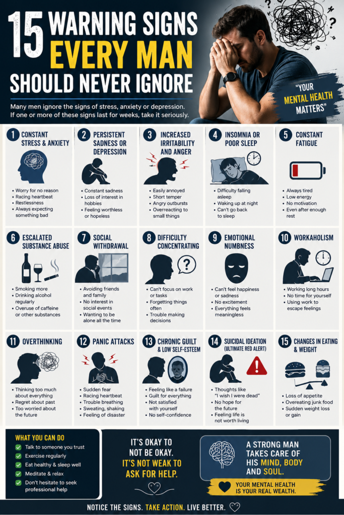 Modern Pinterest-style infographic featuring practical stress management tips for men, including exercise, meditation, healthy eating, hydration, quality sleep, digital detox, avoiding smoking and alcohol, and talking to trusted people to support better mental health.
