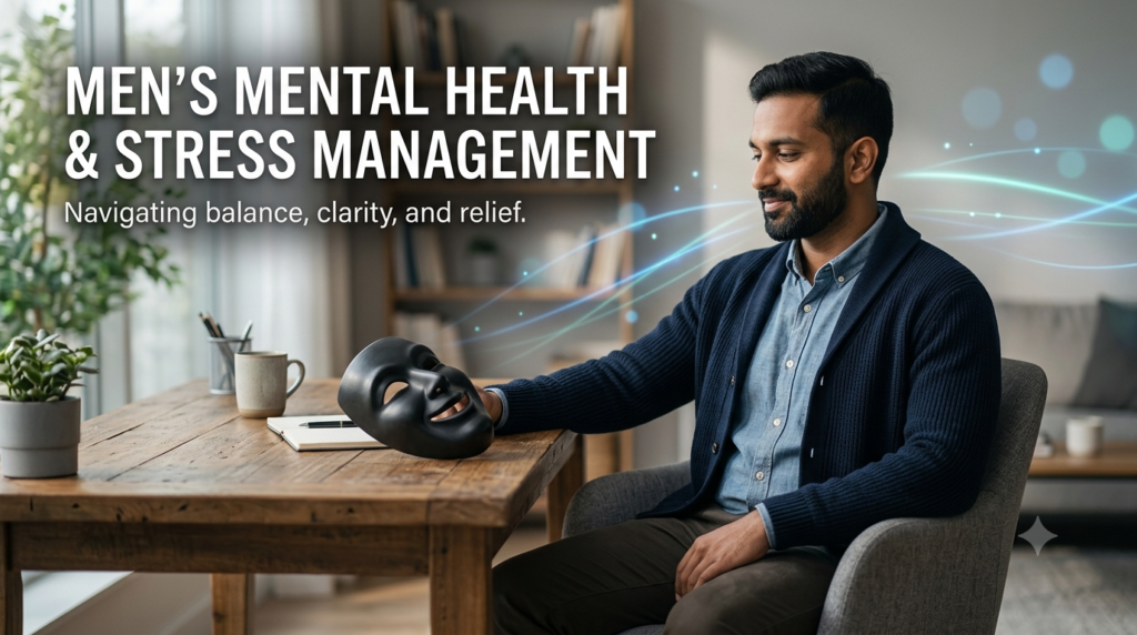 A calming banner about men's mental health and stress management featuring a man sitting peacefully while removing a symbolic mask, representing emotional openness, healing, and finding inner balance.
