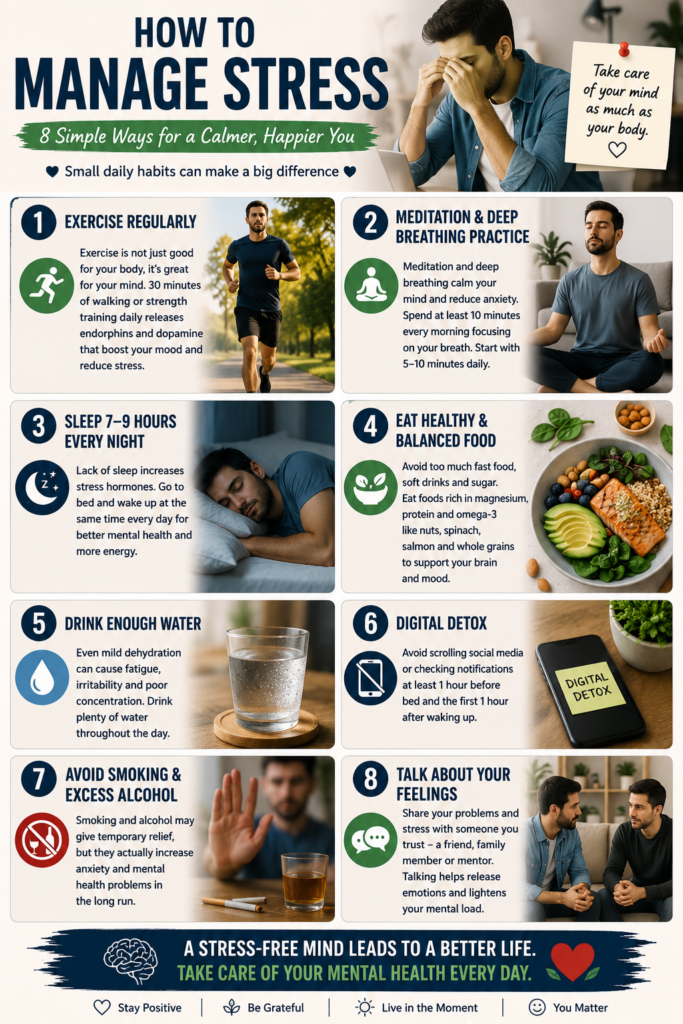 Pinterest-style infographic explaining 8 effective stress management tips for men, including regular exercise, meditation, quality sleep, healthy eating, staying hydrated, digital detox, avoiding smoking and alcohol, and talking openly about emotions for better mental well-being.