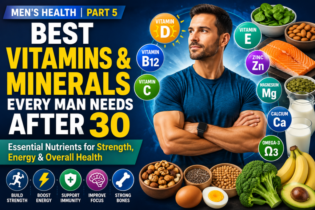 Men's Health Part 5 thumbnail featuring the best vitamins and minerals every man needs after 30, including Vitamin D, B12, C, E, magnesium, zinc, calcium, and Omega-3 with healthy food sources for strength, energy, and overall health.