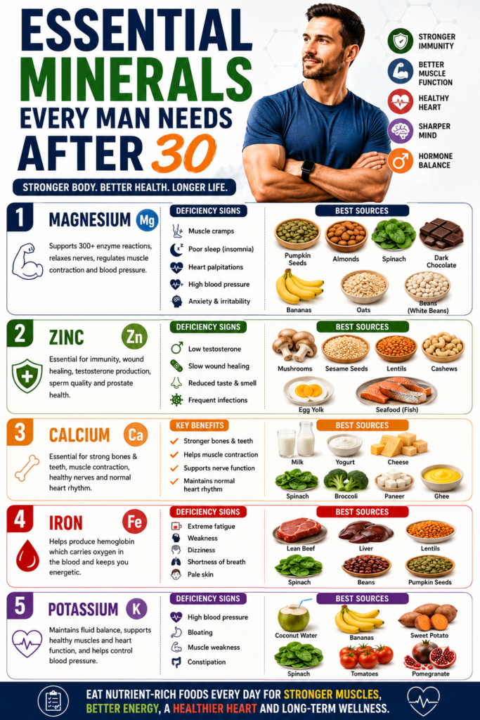 Essential Minerals Every Man Needs After 30 infographic showing the benefits, deficiency signs, and best food sources of magnesium, zinc, calcium, iron, and potassium for men's health.