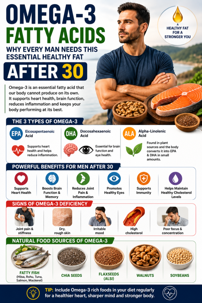 Infographic explaining why Omega-3 fatty acids are essential for men after 30, covering EPA, DHA, ALA, key health benefits, deficiency symptoms, and natural food sources like fatty fish, chia seeds, flaxseeds, walnuts, and soybeans.