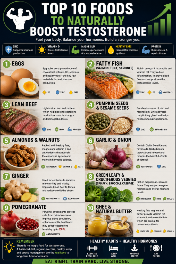 Pinterest-style infographic featuring the top 10 foods that naturally support healthy testosterone levels after age 30, including eggs, fatty fish, lean beef, pumpkin seeds, almonds, walnuts, garlic, onion, ginger, leafy green vegetables, pomegranate, and ghee, along with key nutrients and healthy lifestyle tips.