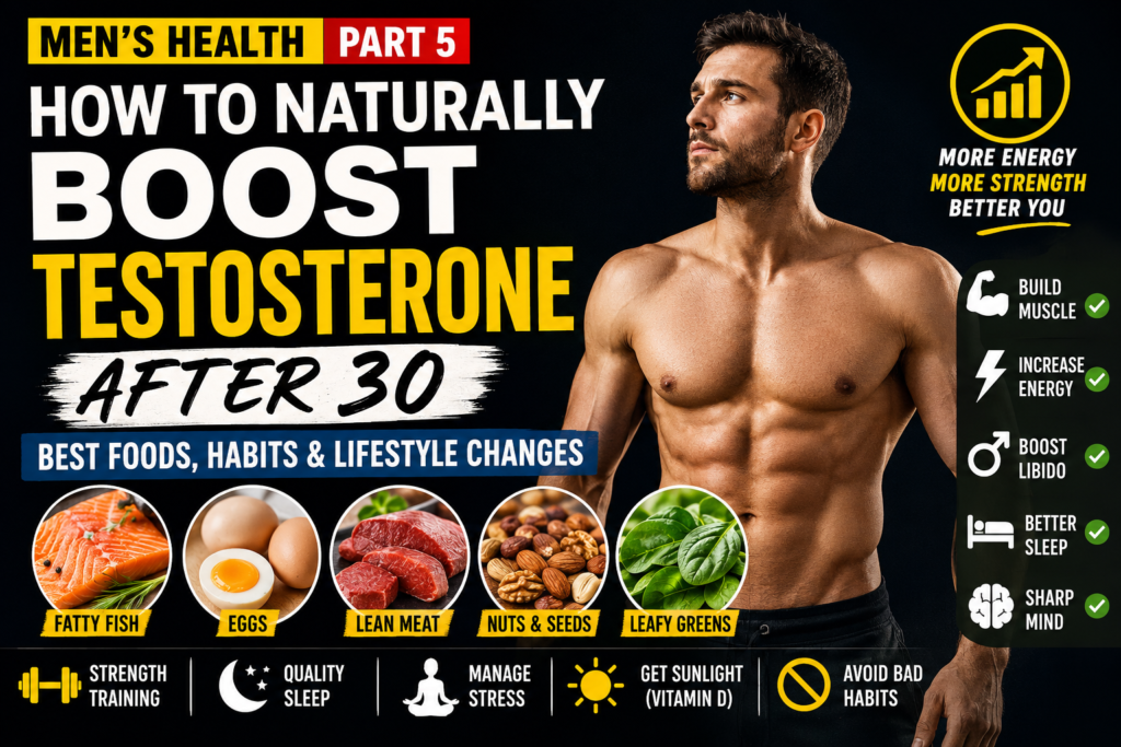 Pinterest-style infographic titled "Men's Health | Part 5 – How to Naturally Boost Testosterone After 30" featuring a fit man, testosterone-boosting foods like fatty fish, eggs, lean meat, nuts, seeds, and leafy greens, plus healthy lifestyle habits including strength training, quality sleep, stress management, sunlight, and avoiding bad habits.