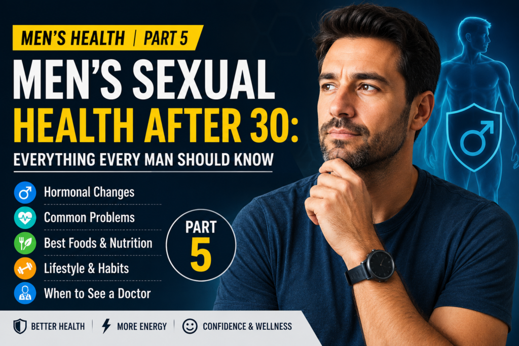 Pinterest-style thumbnail for a men's health blog about sexual health after age 30, highlighting hormonal changes, common sexual health problems, nutrition, healthy lifestyle habits, and when to see a doctor.