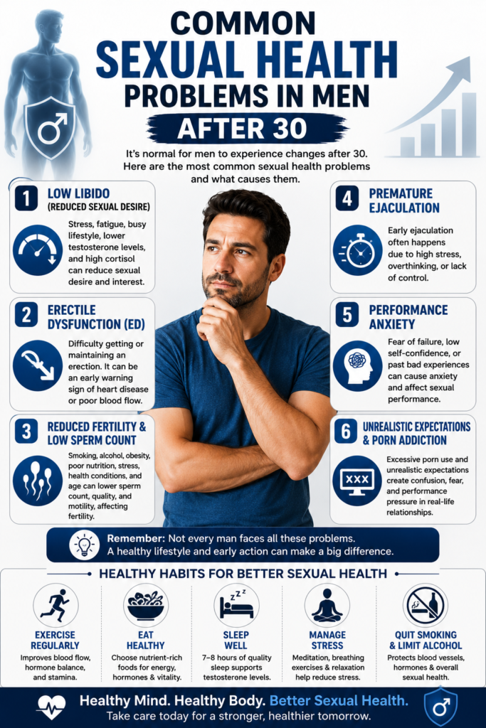 Common Sexual Health Problems in Men After 30 infographic highlighting low libido, erectile dysfunction (ED), reduced fertility, premature ejaculation, performance anxiety, and healthy lifestyle habits to improve men's sexual wellness.