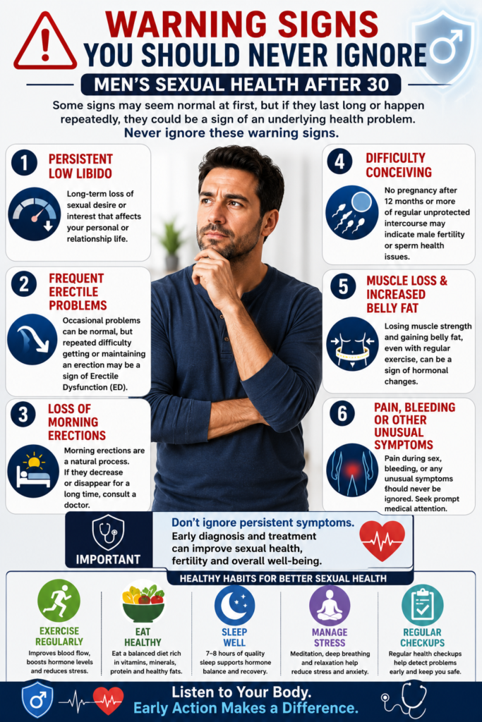 Infographic highlighting six warning signs of men's sexual health problems after age 30, including persistent low libido, erectile dysfunction, loss of morning erections, fertility issues, muscle loss, and unusual symptoms, along with healthy lifestyle tips.