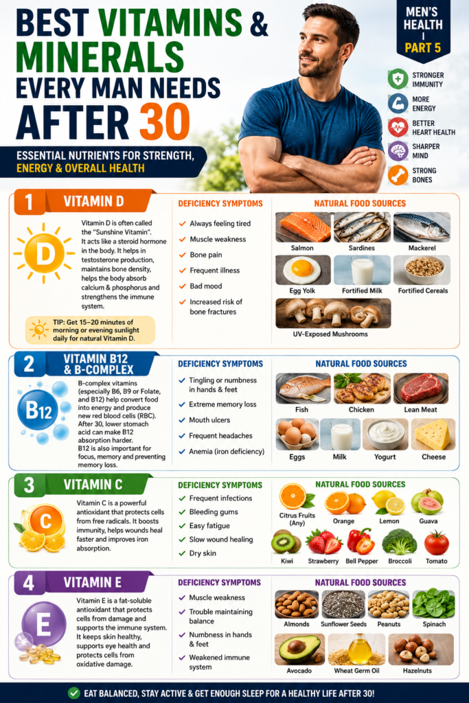 Pinterest infographic explaining why Omega-3 fatty acids are essential for men over 30, covering EPA, DHA, ALA, health benefits, deficiency symptoms, and natural food sources like salmon, chia seeds, flaxseeds, walnuts, and soybeans.