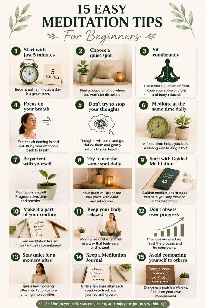 Pinterest-style infographic titled "Scientifically Supported Potential Benefits of Meditation" featuring clean, modern illustrations of a diverse man and woman meditating peacefully. The infographic highlights key evidence-based benefits of regular meditation, including a calmer mind, reduced stress and anxiety, improved focus and concentration, better sleep quality, emotional balance, increased self-confidence, enhanced productivity, improved decision-making, healthier relationships, and overall mental well-being. The design uses calming blue and green tones with easy-to-read icons and a professional wellness theme.