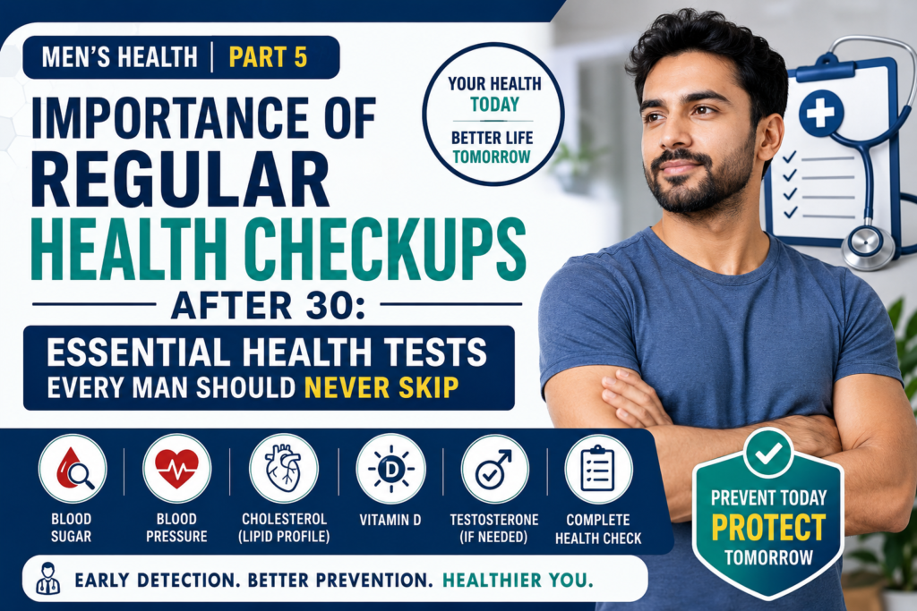 Men's Health Part 5 thumbnail highlighting the importance of regular health checkups after age 30. A healthy adult man stands beside medical symbols with key health tests including blood sugar, blood pressure, cholesterol (lipid profile), vitamin D, testosterone, and complete health checkups. The design emphasizes early detection, prevention, and long-term wellness.