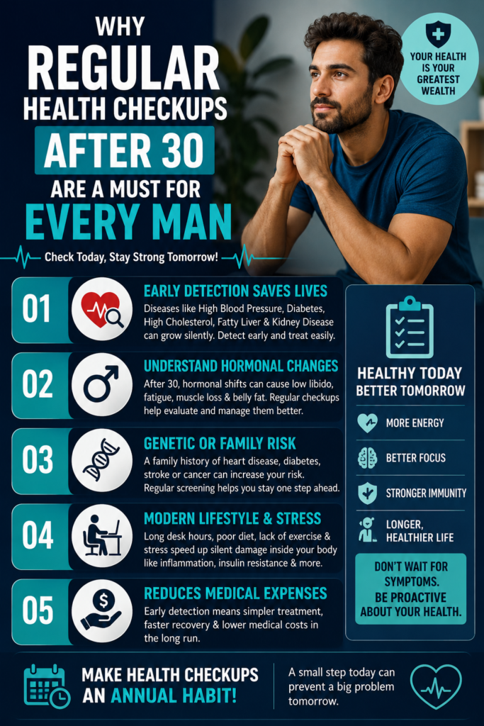 Infographic explaining why regular health checkups after age 30 are essential for every man. It highlights five key benefits: early disease detection, monitoring hormonal changes, understanding genetic risk, managing lifestyle-related health issues, and reducing future medical expenses. A healthy man is shown alongside medical icons and preventive healthcare messages.