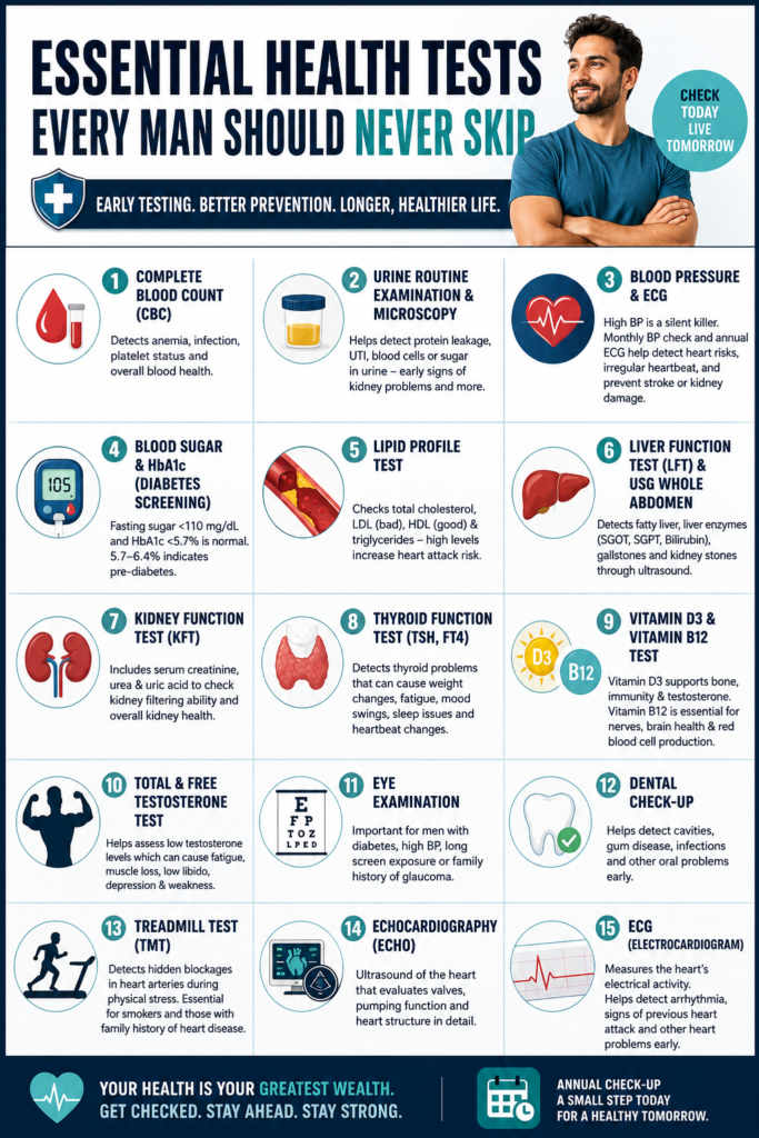 Infographic titled "Essential Health Tests Every Man Should Never Skip" featuring a healthy man and a checklist of 15 essential medical tests for men over 30, including CBC, urine test, blood pressure, ECG, blood sugar, lipid profile, liver and kidney function tests, thyroid, vitamins D3 & B12, testosterone, eye exam, dental check-up, treadmill test, echocardiography, and ECG, emphasizing early detection and preventive healthcare.