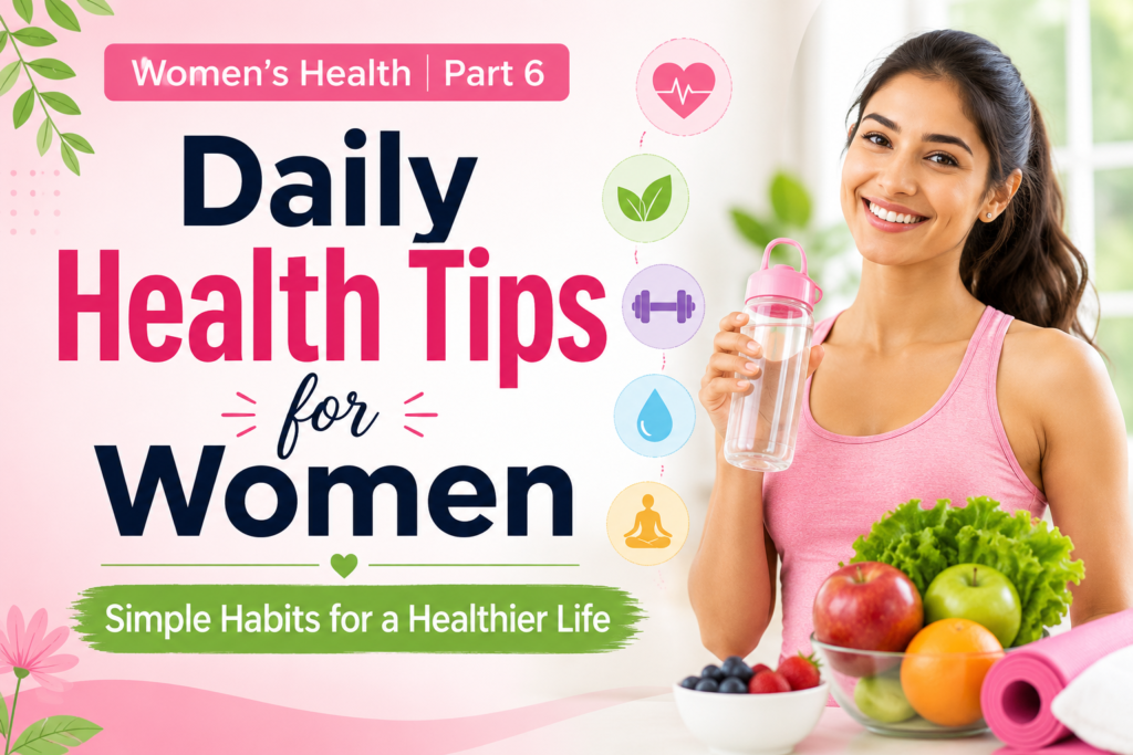 Women’s Health Part 6 graphic featuring a smiling woman with a water bottle, fresh fruits, exercise equipment, and the message “Daily Health Tips for Women – Simple Habits for a Healthier Life.”