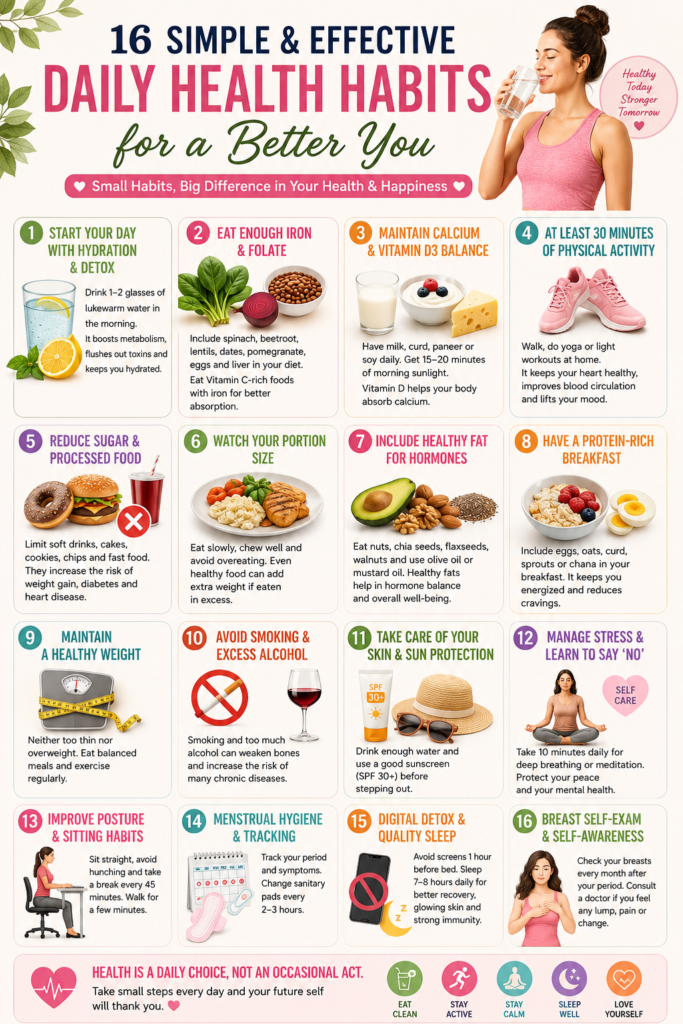 Infographic showing 16 simple daily health habits for women, including hydration, healthy nutrition, exercise, stress management, menstrual hygiene, quality sleep, skincare, and breast self-awareness.