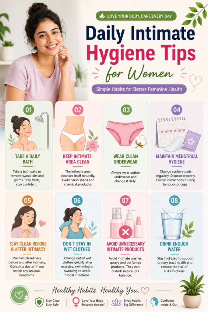 Daily intimate hygiene tips for women infographic featuring eight simple habits, including gentle cleansing, clean underwear, menstrual hygiene, hydration, and avoiding unnecessary intimate products.