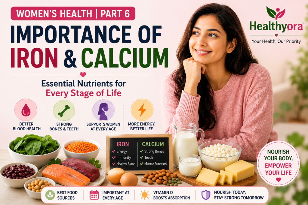 Women’s Health Part 6 infographic highlighting the importance of iron and calcium, with food sources, benefits for blood health, bones, teeth, energy, and vitamin D absorption.