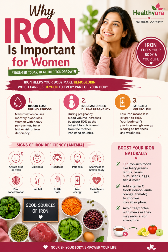 Women’s Health Part 6 infographic explaining why iron is important for women, including iron deficiency symptoms, key benefits, food sources, and tips for improving iron absorption.