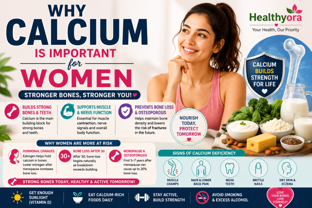 Healthyora infographic explaining why calcium is important for women, including benefits for bones, teeth, muscles, and nerve function, plus calcium deficiency signs and ways to support bone health.