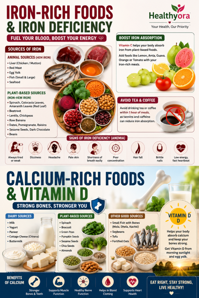 Healthyora infographic showing iron-rich and calcium-rich foods, iron deficiency symptoms, vitamin C for iron absorption, and vitamin D sources for strong bones.