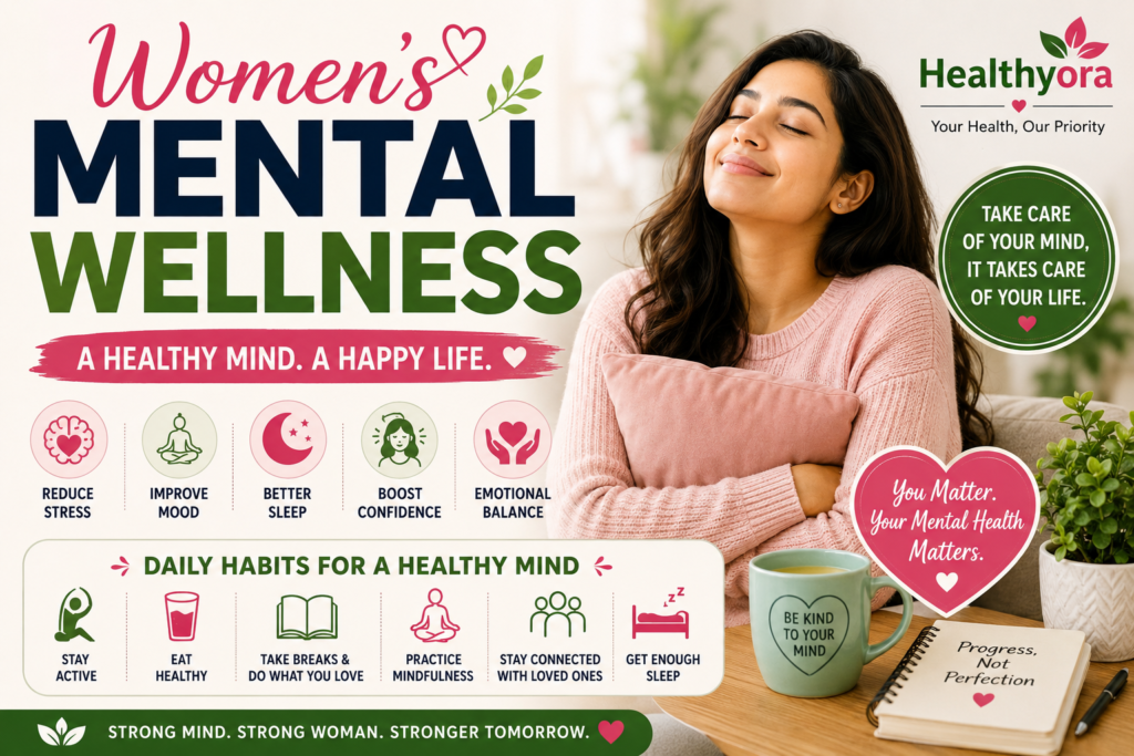 Women’s Mental Wellness infographic featuring self-care, stress reduction, better sleep, mindfulness, emotional balance, and daily healthy habits.