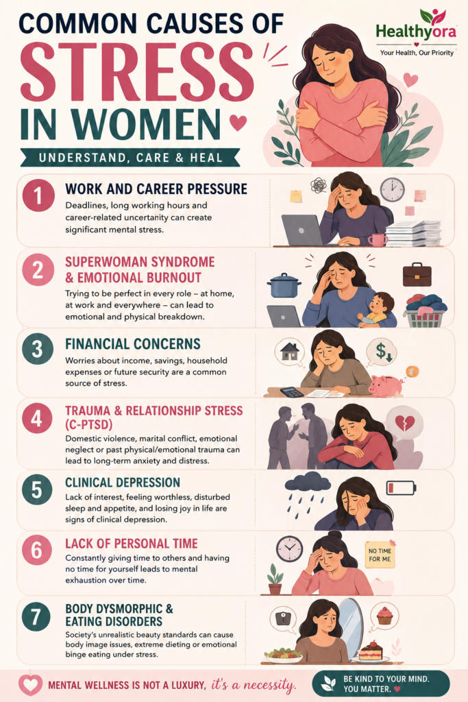 Common causes of stress in women infographic covering work pressure, burnout, financial concerns, relationship stress, depression, lack of personal time, and body image issues.