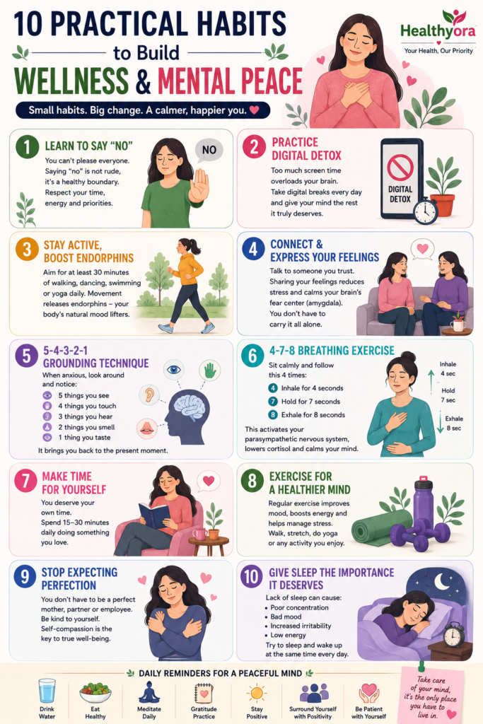 10 practical habits for wellness and mental peace, including saying no, digital detox, exercise, grounding, breathing, self-care, healthy sleep, and self-compassion.