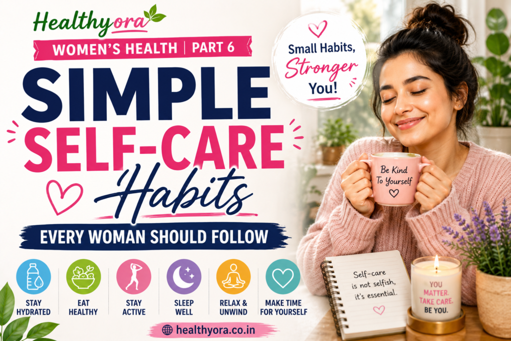 Healthyora Women’s Health Part 6 featuring simple self-care habits, with a woman relaxing with tea and reminders to stay hydrated, eat healthy, stay active, sleep well, relax, and make time for yourself.