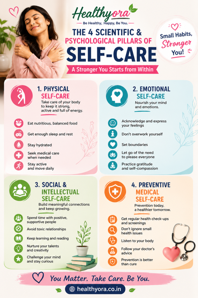 Healthyora infographic showing the four scientific and psychological pillars of self-care: physical, emotional, social and intellectual, and preventive medical self-care.