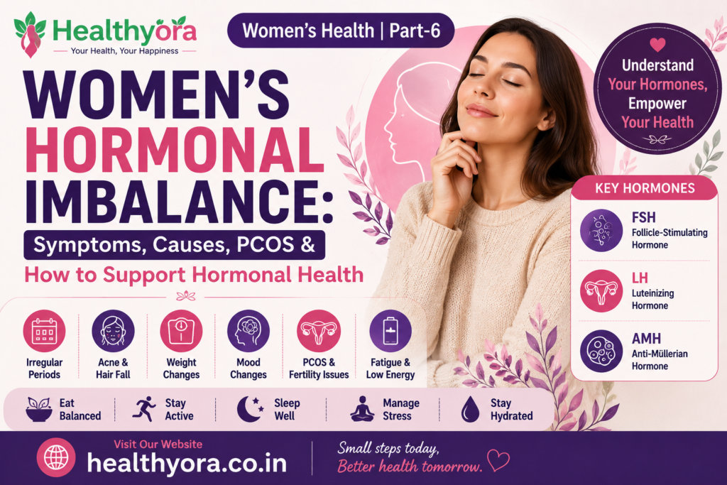 Healthyora Women’s Health Part 6 infographic about hormonal imbalance, featuring a woman, key hormones FSH, LH and AMH, common symptoms such as irregular periods, acne, hair fall, weight and mood changes, PCOS, fatigue, and healthy lifestyle tips.