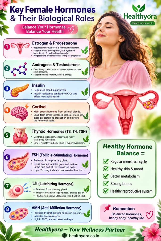 Healthyora infographic explaining 8 key hormones in women and their biological roles, including estrogen and progesterone, androgens and testosterone, insulin, cortisol, thyroid hormones, FSH, LH and AMH, with daily lifestyle tips for supporting hormonal health.