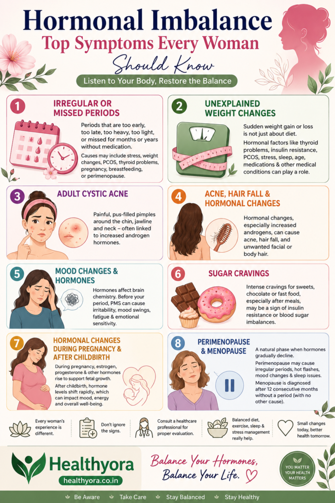 Healthyora infographic showing 8 common symptoms of hormonal imbalance in women, including irregular periods, unexplained weight changes, adult cystic acne, hair fall, mood changes, sugar cravings, pregnancy and postpartum hormonal changes, and perimenopause and menopause.
