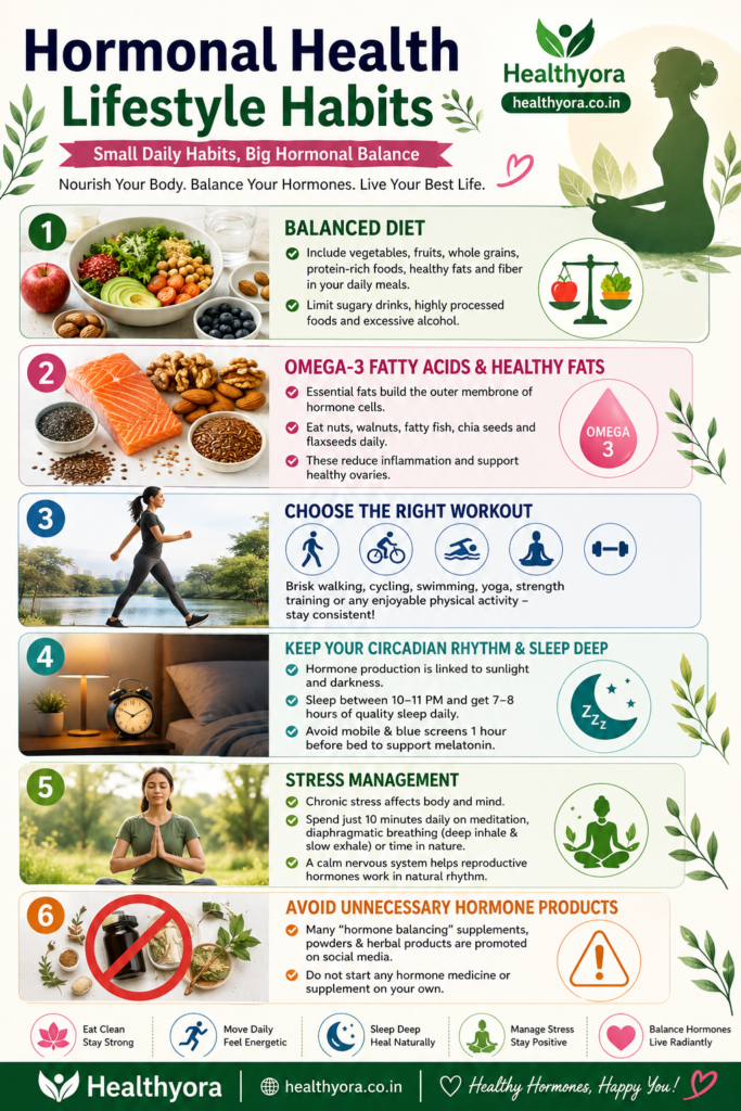 Healthyora infographic showing six lifestyle habits for supporting hormonal health, including a balanced diet, omega-3 fatty acids and healthy fats, regular exercise, quality sleep, stress management, and avoiding unnecessary hormone products.