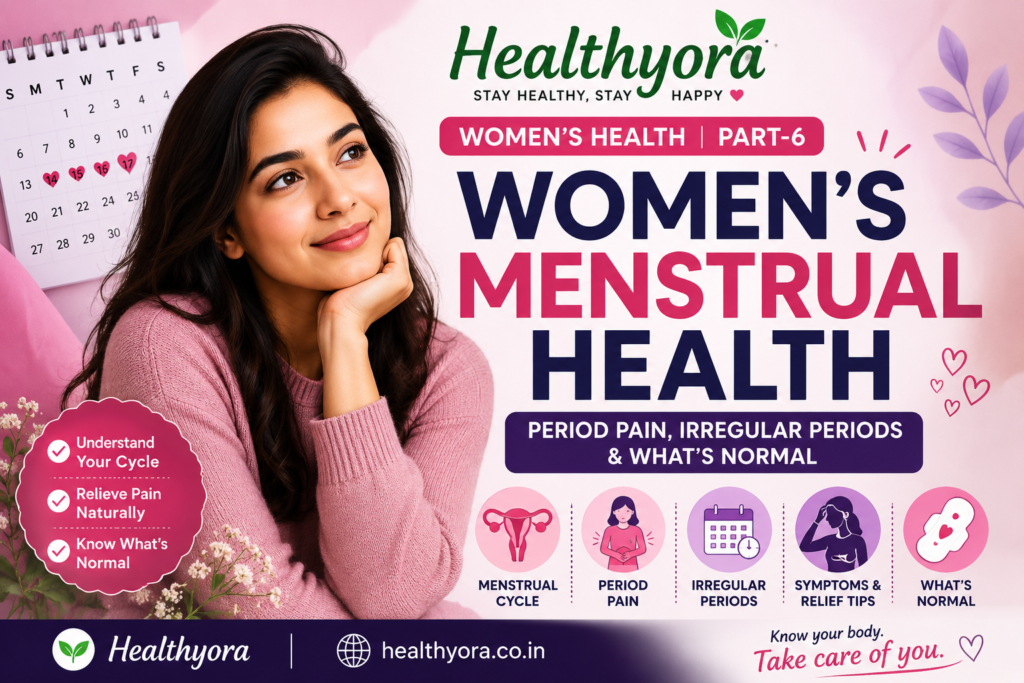 Healthyora Women’s Health Part 6 infographic about menstrual health, featuring a woman, menstrual cycle, period pain, irregular periods, symptoms, relief tips, and what is normal.