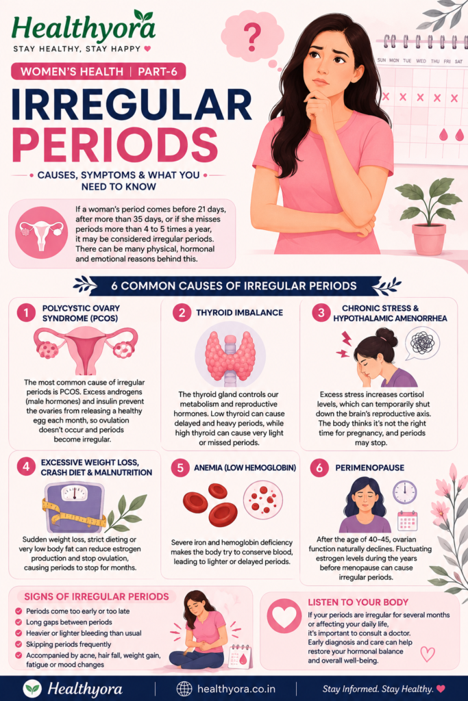 Healthyora Women’s Health Part 6 infographic explaining irregular periods, common causes, warning signs, and when to consult a doctor.