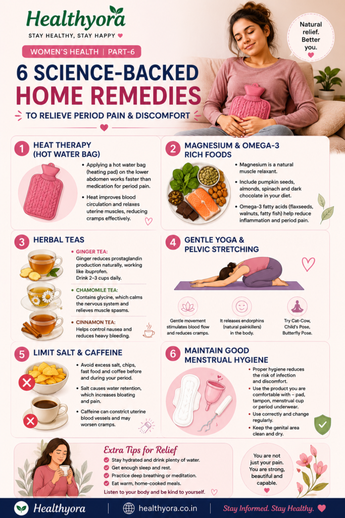 Healthyora Women’s Health Part 6 infographic showing 6 science-backed home remedies to relieve period pain, including heat therapy, magnesium and omega-3 foods, herbal teas, gentle yoga, limiting salt and caffeine, and menstrual hygiene.